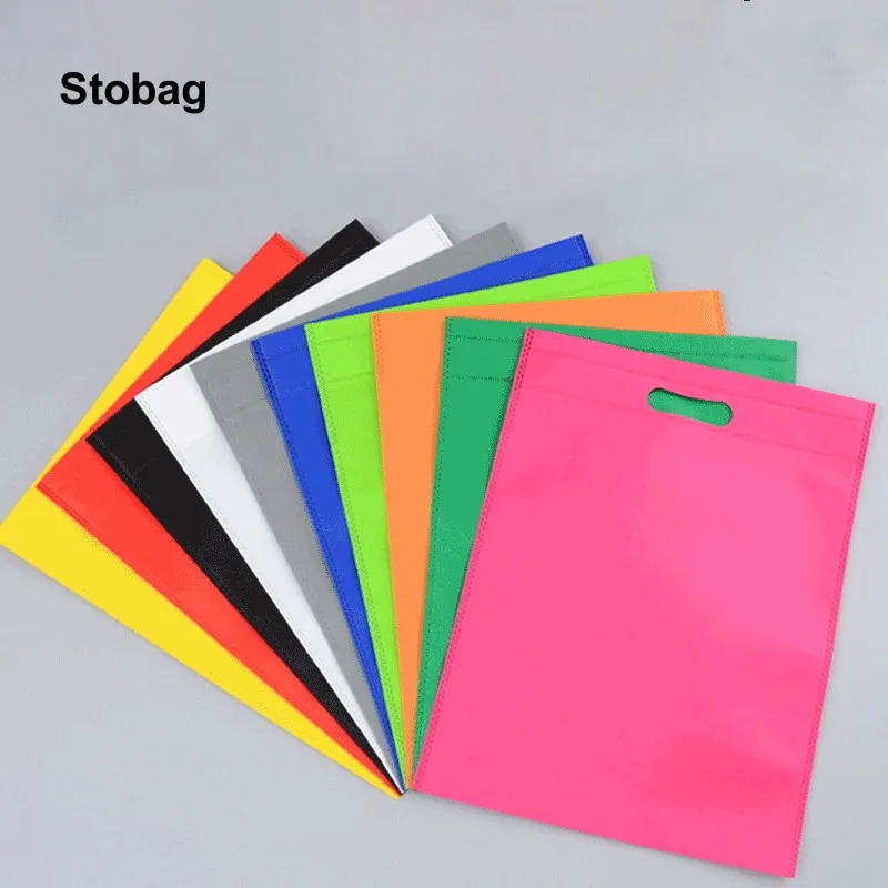 

StoBag 10pcs Color Non-woven Shopping Tote Bags Fabric Reusable Eco-friendly Storage Large Pouch Portable Custom Logo(Extra Fee)