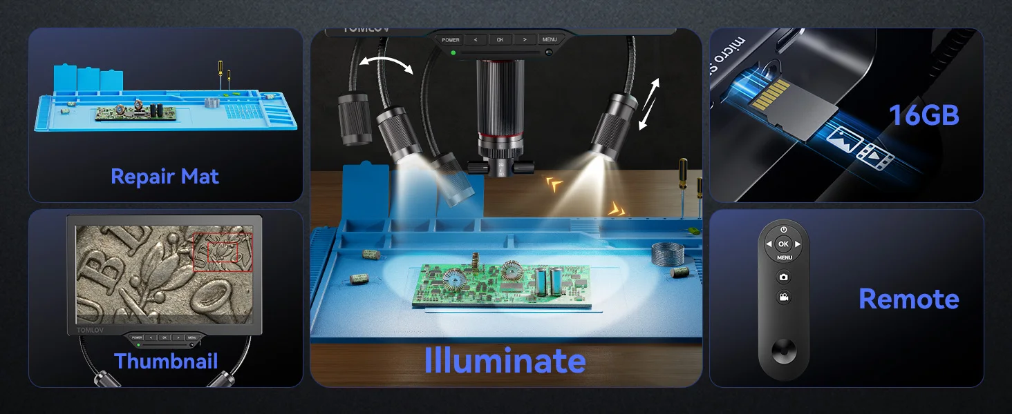 TOMLOV 7-Zoll IPS Digital-Mikroskop 2000X HDMI Mikroskop-Kamera mit Doppel-3D-Linse Elektronisches Löt-Mikroskop für PCB-Reparaturen – Detail 12