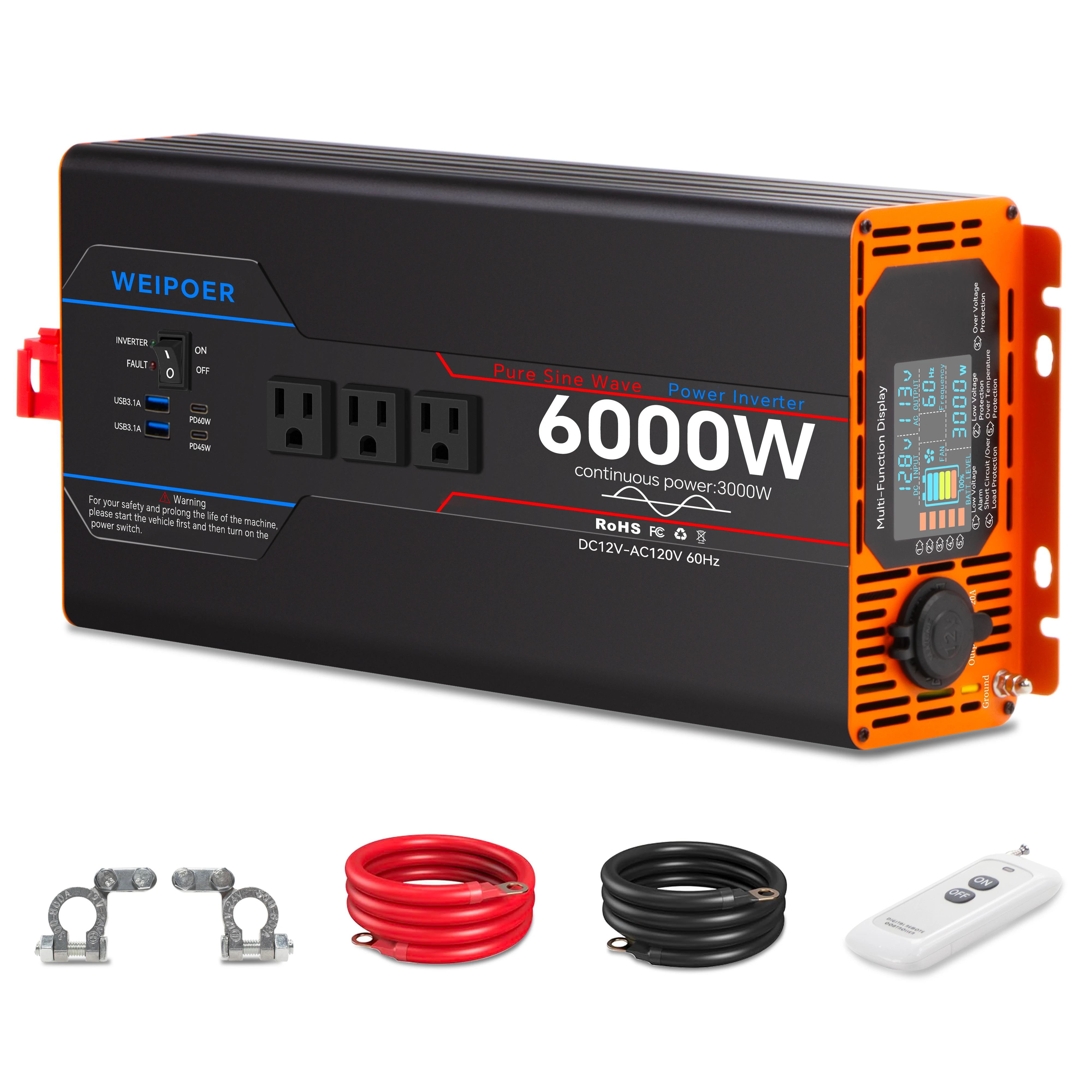WEIPOER Car Pure Sine Wave Inverter DC 12V/24V إلى AC 120V 6000W لسيارة RV - محول طاقة مع USB، منافذ AC، LCD، جهاز تحكم عن بعد