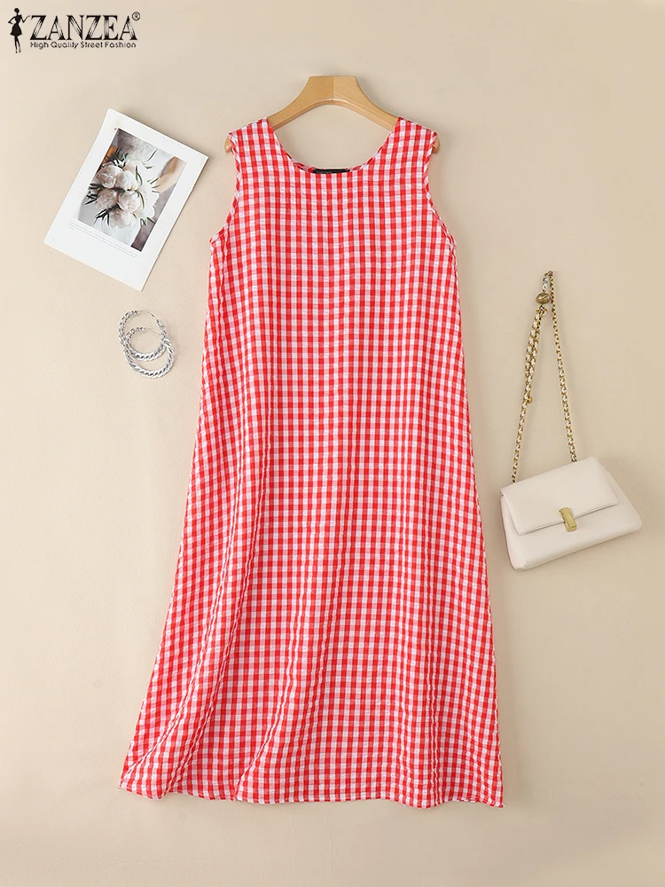 2025 ZANZEA Summer Dress Elegant Square Neck Sleeveless Sundress Women Plaid Checked Dresses Bohemain Loose Holiday Robe Kaftan
