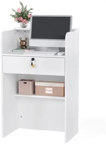 Reception Desk with Counter, Small Front Desk w/Lockable Drawer, Wooden Modern Reception Table for Salon Lobby Office