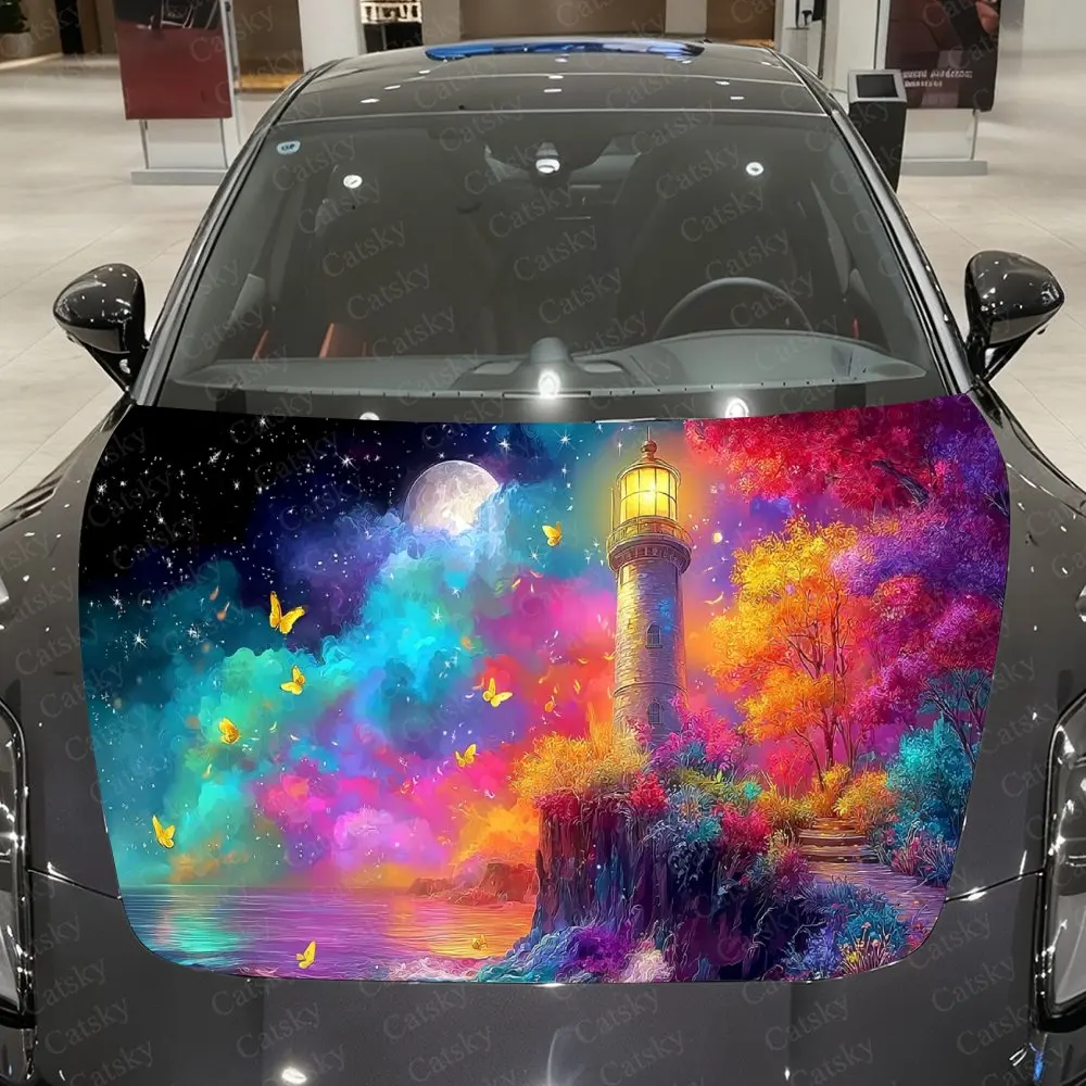 Colorful Lighthouse Car Vinyl Wrap, PVC Material Waterproof Car Hood Sticker, Self-Adhesive Scratch-Resistant Stickers for Engin