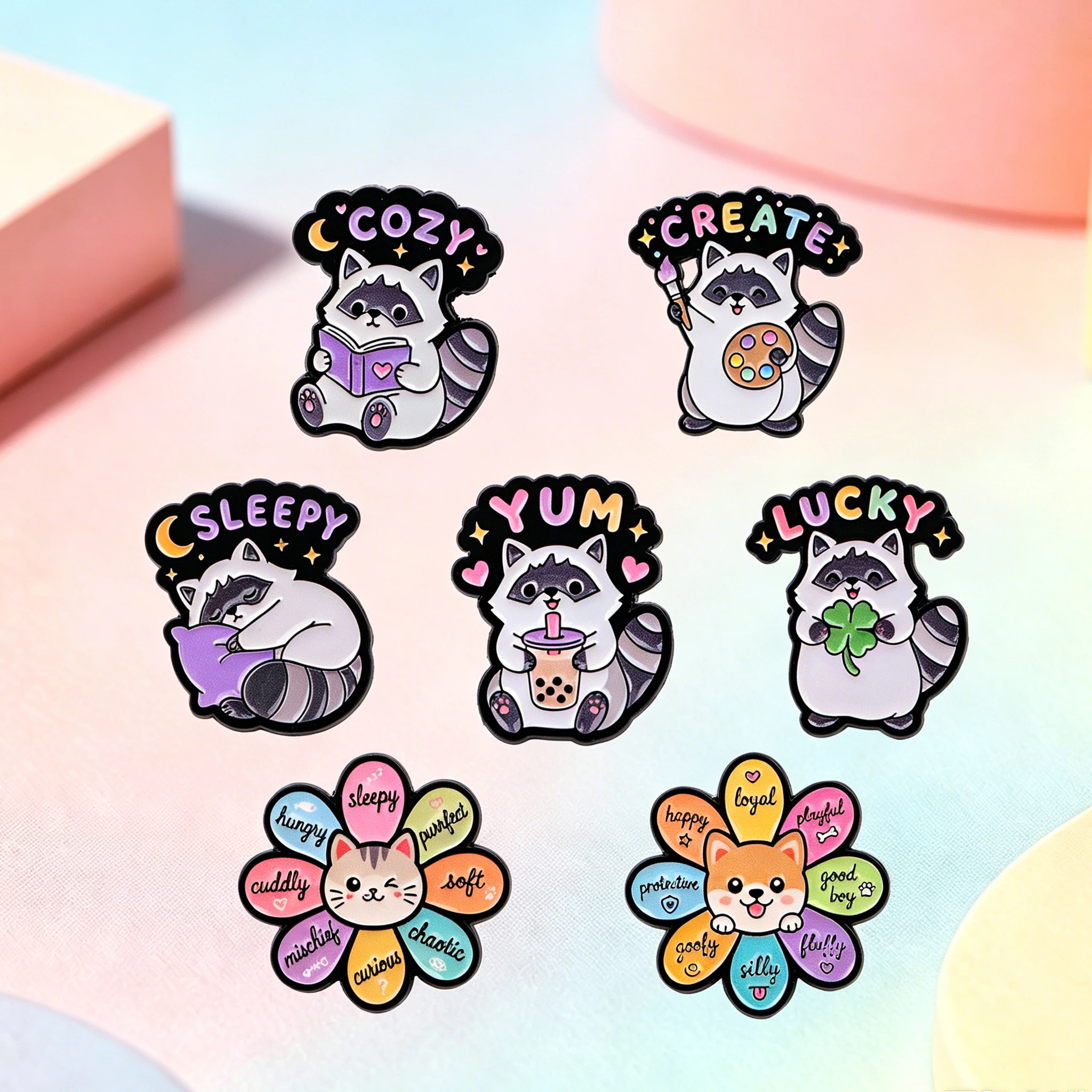 Flower Cat Enamel Pin Cartoon Raccoon Brooches Animal Lapel Pins Backpack Accessories Decorative Jewelry Holiday Gift for Friend
