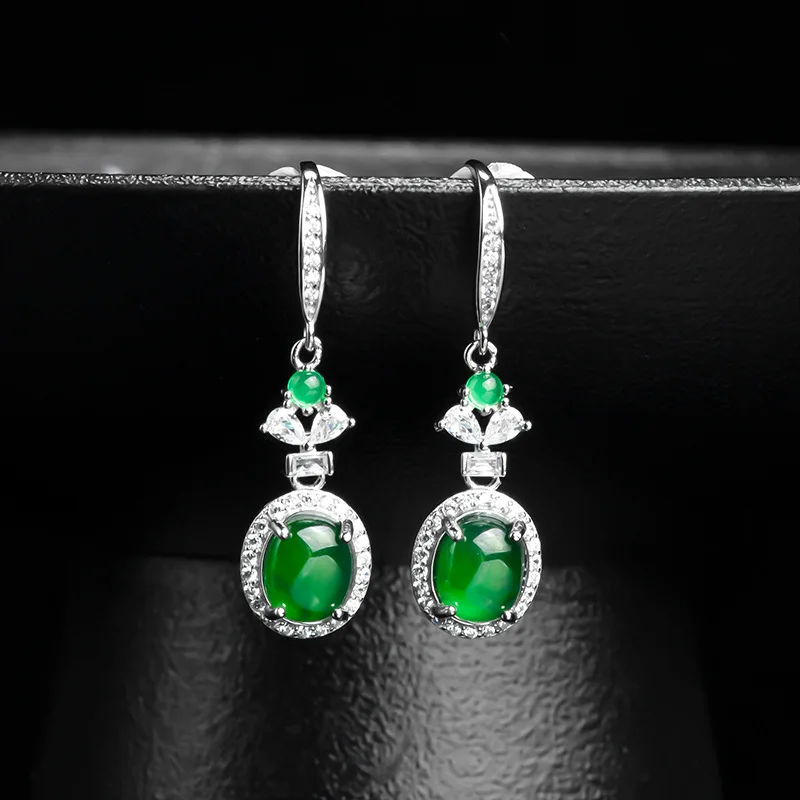 Natural A-grade Jade Sun Green Earrings Egg Face Ice Jadeite S925 Silver Inlaid Women's High End Fashion Jewelry Drop Shipping