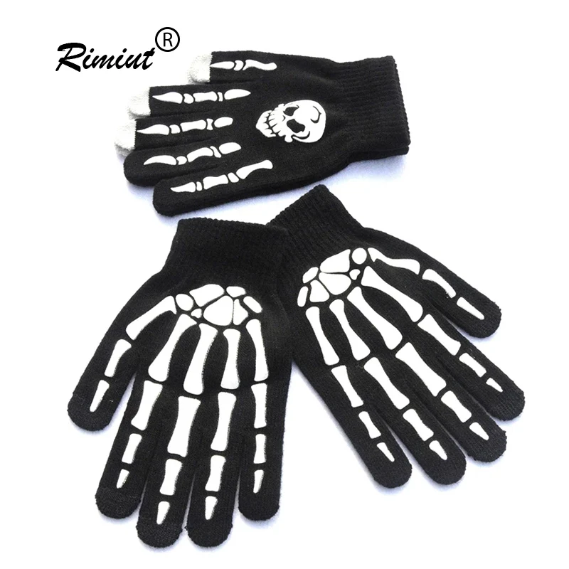 Black Halloween Supplies Luminous Gloves Winter Hand Warmer Anti-Slip Horror Hand Bone Skull Grimace Mitten Unisex Knitted Glove