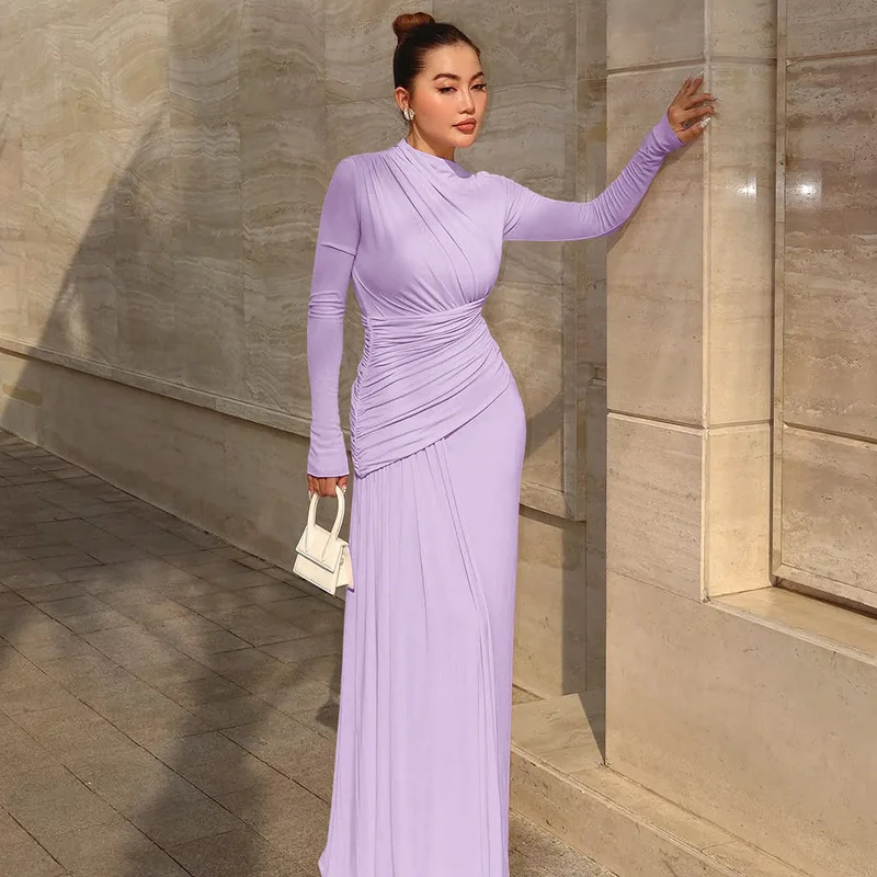 Elegante roze onregelmatig geplooide maxi jurk dames O-hals lange mouw gerimpelde bodycon lange jurk 2026 dames club avondfeest jurken