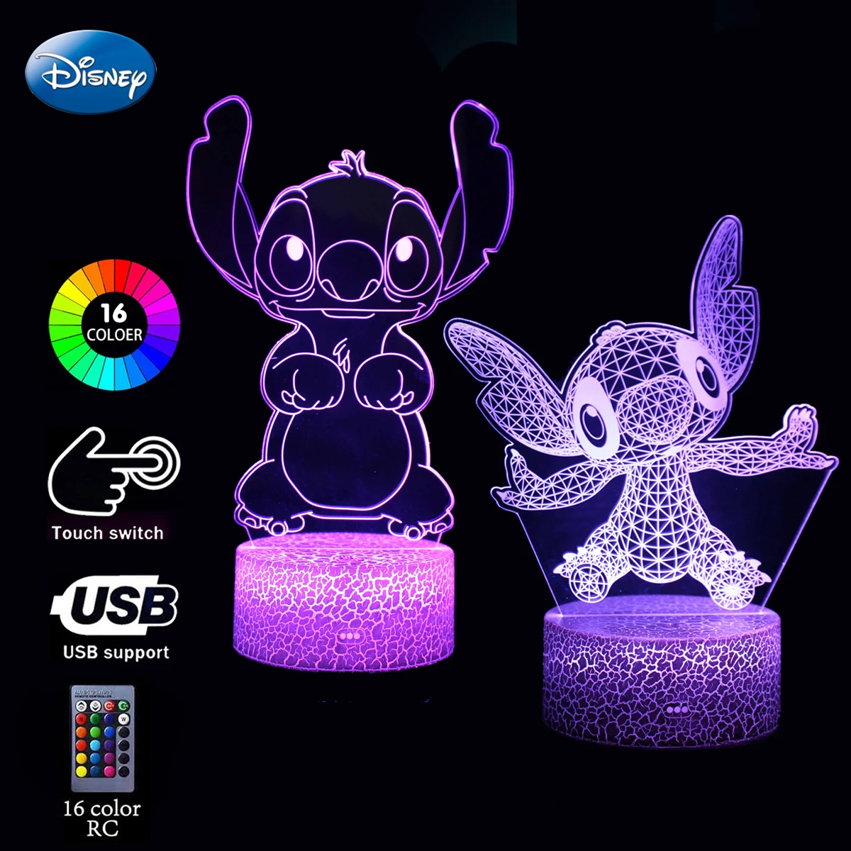 Disney Lilo & Stitch 3D Nachtlampje Anime Figuur Stitch 16 Kleuren Led Touch Night Tafel Lampen Thuis Slaapkamer Decor kids Toy Gifts