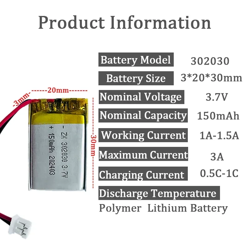 302030 150mAh Li-Po Battery Lithium with Jst PH 2.0mm 2pin Plug for GPS MP3 MP4 Driving Recorder JP(Origin)