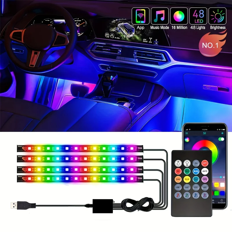 

LED Car Interior Ambient Foot lamp With USB Remote Control Auto Decorative Atmosphere Neon Lamp LED bar car Accessories light