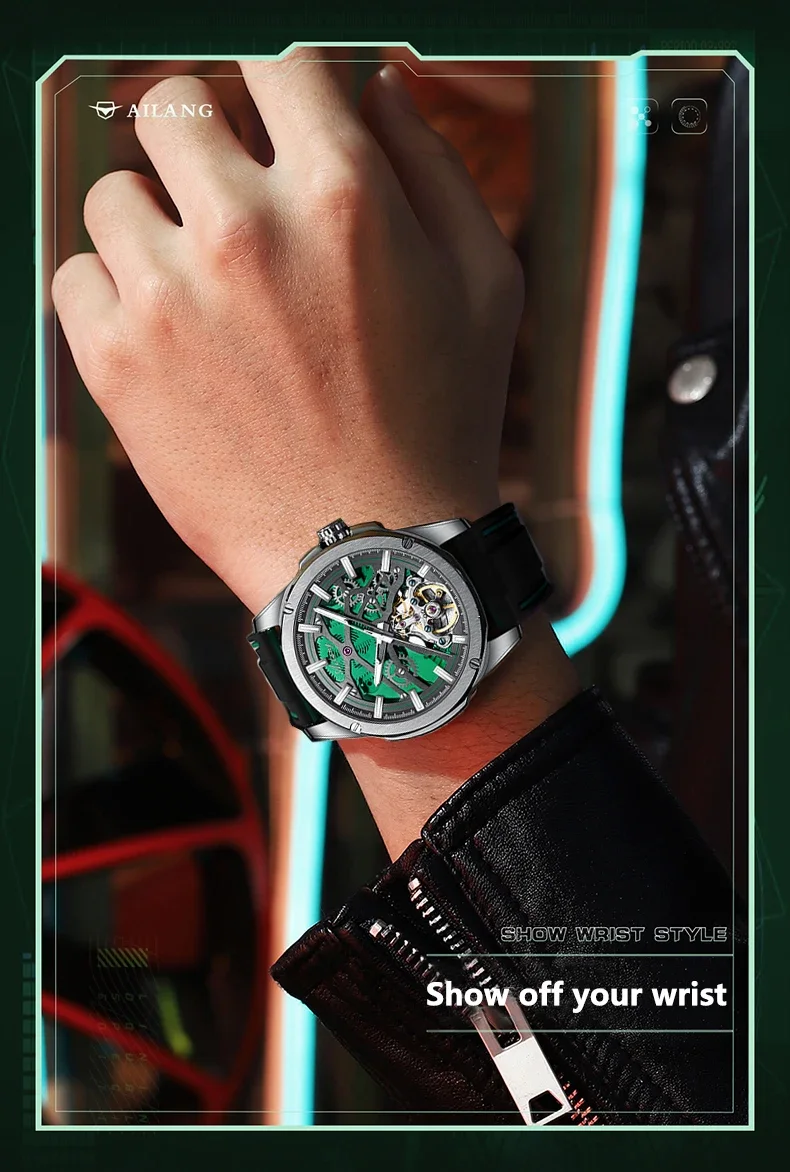 Ailang automatische mechanische Herrenuhr, hohl, leuchtend, Freizeit, Mode, Luxus, Tourbillon-Uhr, wasserdicht, neu. – Detail 5