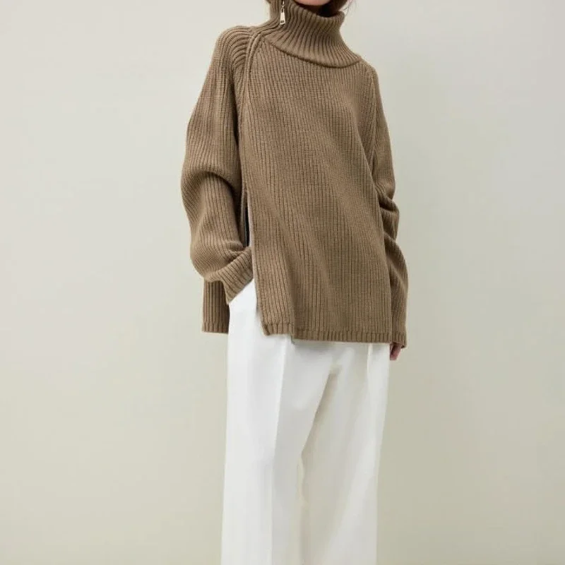 Women's Turtleneck Zipper Oversize Fashion Women Sweaters Autumn Knitwears Loose Thick Warm High Neck Solid Pullovers Women