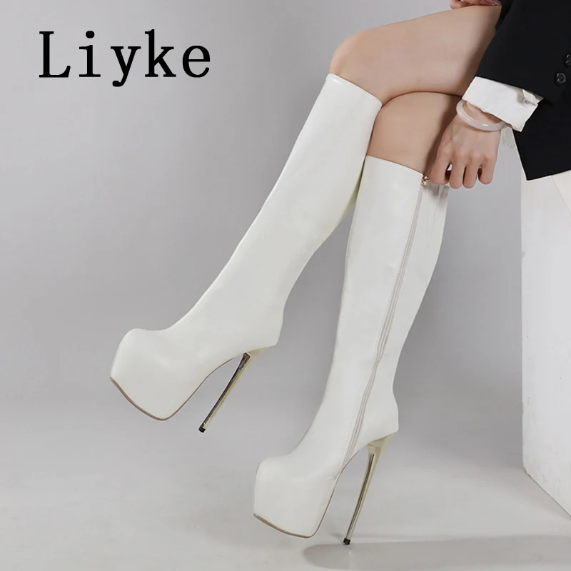 Liyke Autumn Winter Cozy Leather Platform Boots Women Street Style Round Toe Zip Knee High Shoes Fashion Metal Stiletto Heels