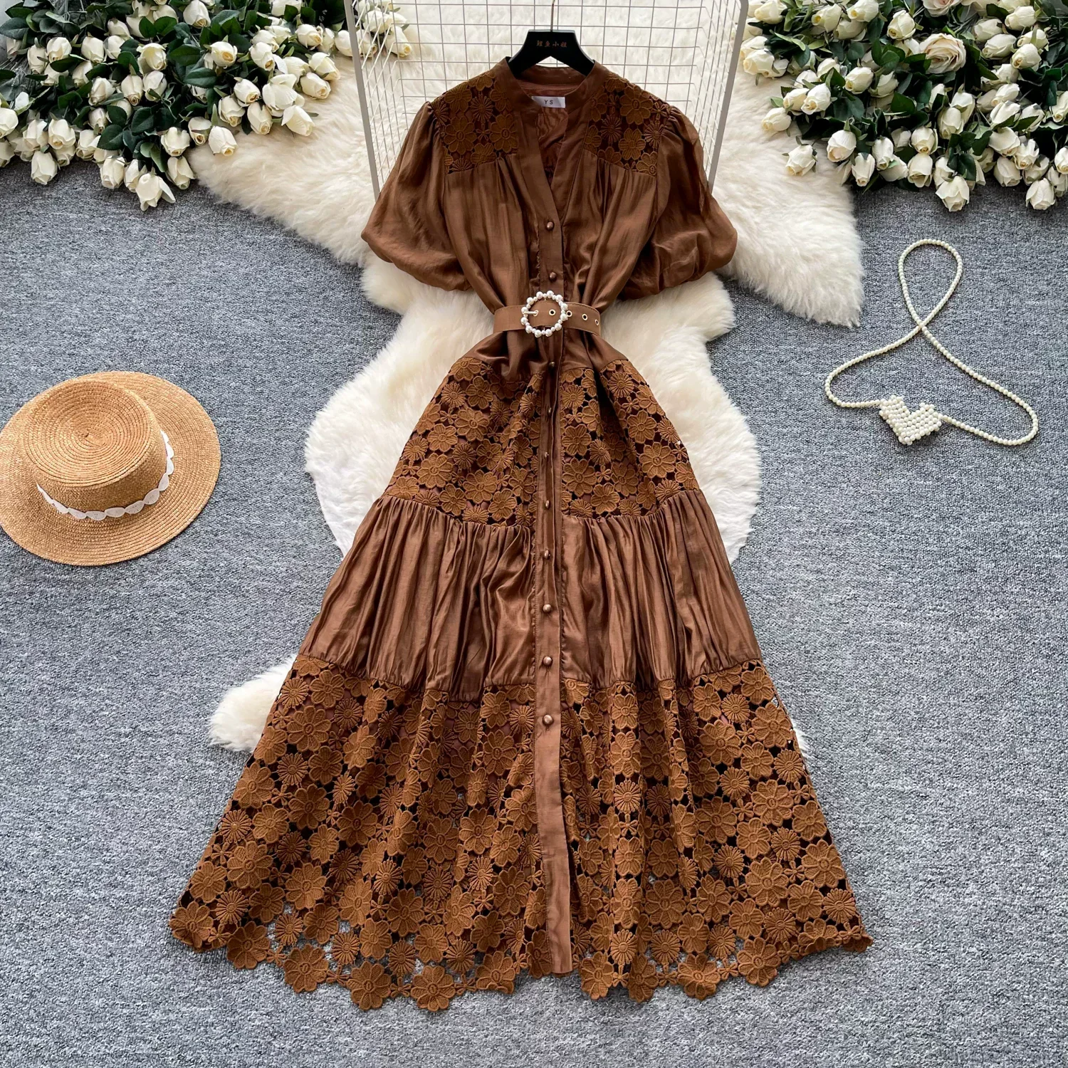 Greenora Women's Stand Collar Puff Sleeve Lace Patchwork Dress with Belted Waist Tiered Maxi Skirt Elegant Wedding Guest Outfit