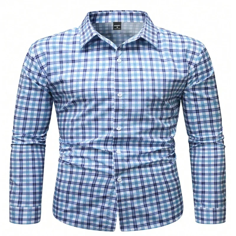 European and American luxury men's lapel button front open long sleeve plaid casual shirt festival, holiday shirt