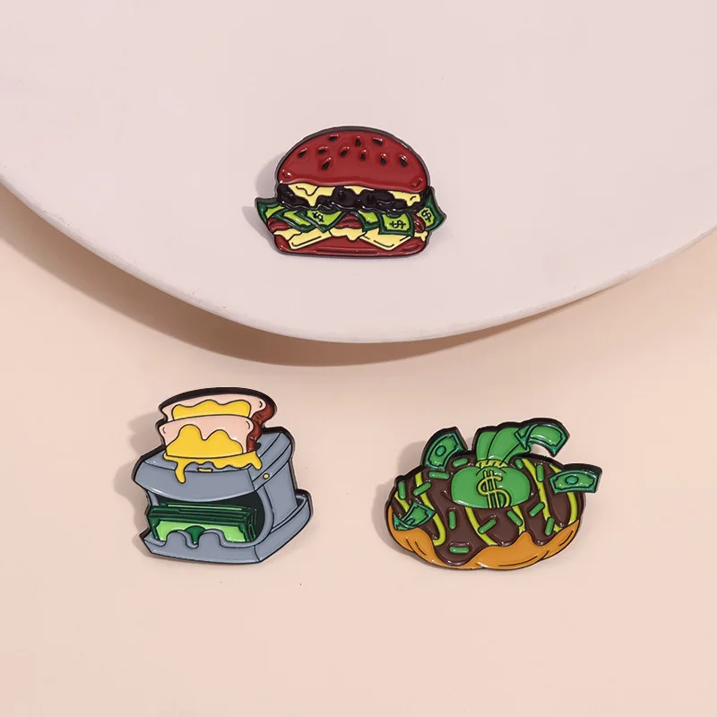 Creative Dollar Hamburger Purse Money Maker Enamel Pins Money Donut Delicacies Food Brooch Lapel Badge Jewelry Gifts For Friends