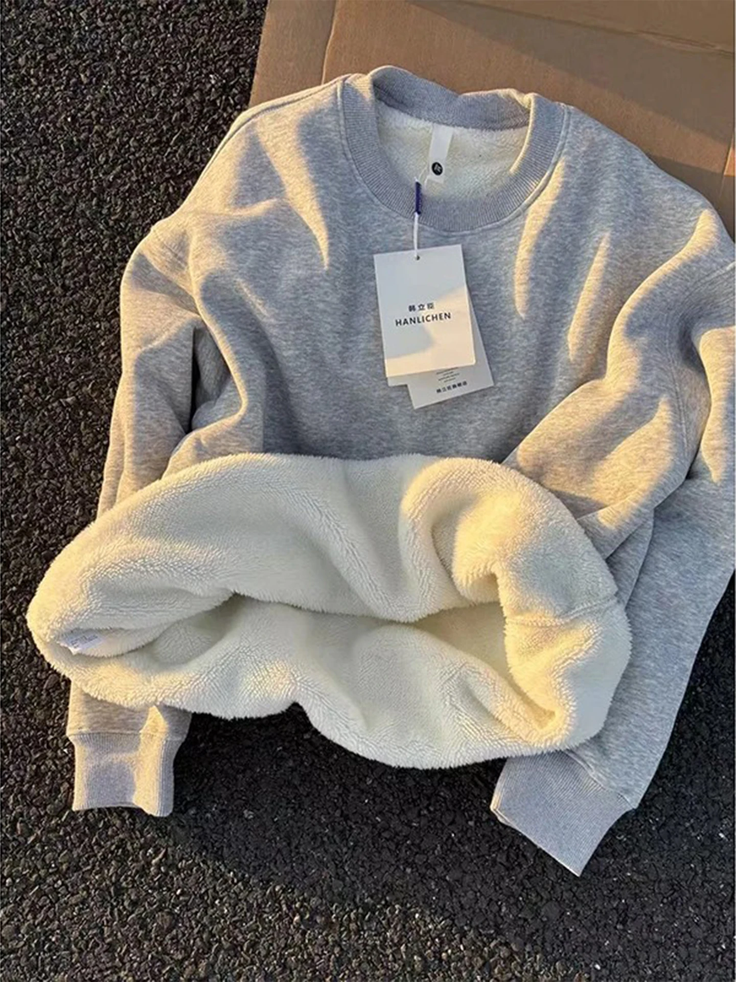 

Мужская зимняя толстовка из овечьего флиса с круглым вырезом, очень плотная, в американском ретро-стиле, на флисовой подкладке, теплая верхняя одежда