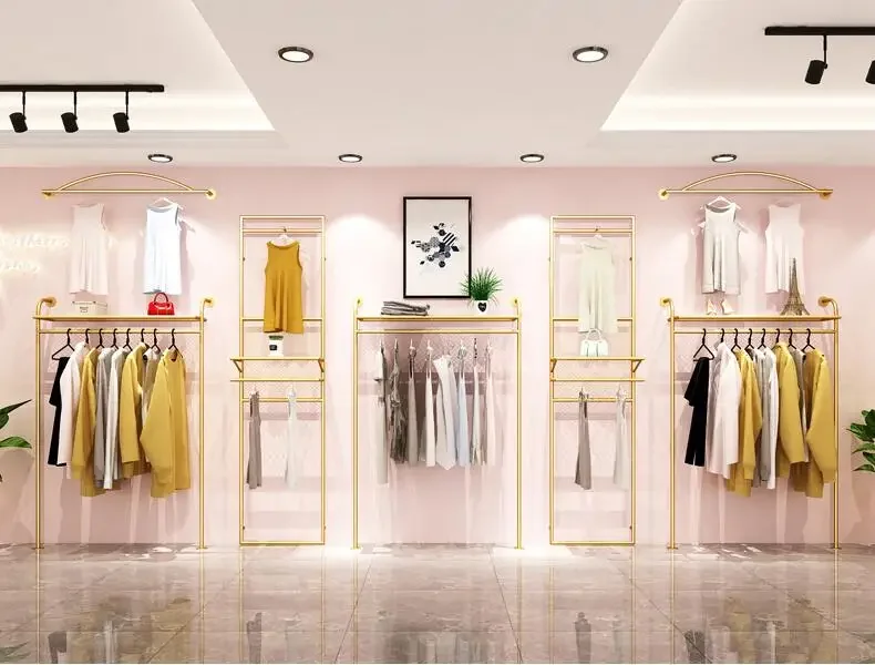 Clothing store rack display rack, wall hanging double-deck back hanging rack, decoration of women's clothing store rack gold