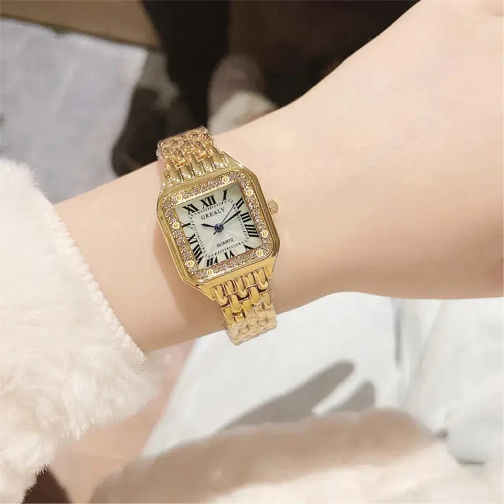 luxury crystal square dial quartz women steel band wrist watch