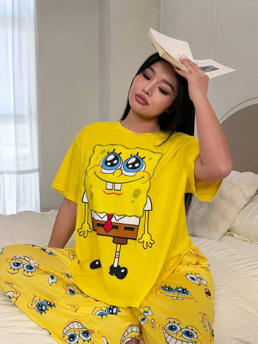Gelbes SpongeBob Schwammkopf Sommer Kurzarm-Hosen-Set Niedliches Cartoon-Loose-Fit Hausanzug Zweiteiler – Detail 6
