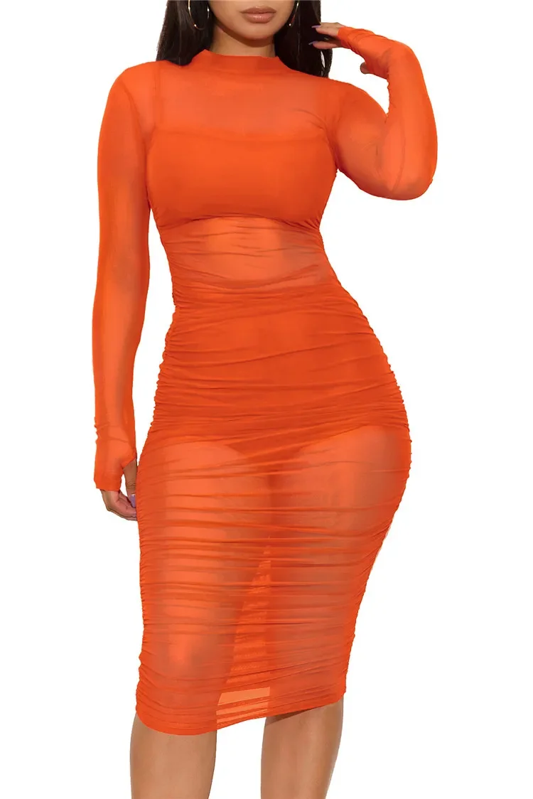 Women Mesh See Through 3 Piece Set Bodycon Ruched Cover Up Midi Dress+Camis+Shorts 3 Pieces Suits Sexy Night Club Party Outfits