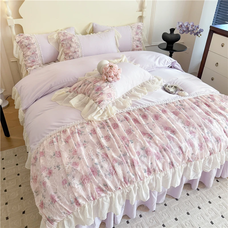 

Princess Style Duvet Cover Sets with Lace Embroidery Bed Cover for Girls Queen/King Size 이불커버 Soft Pink Bedding with Ruffles