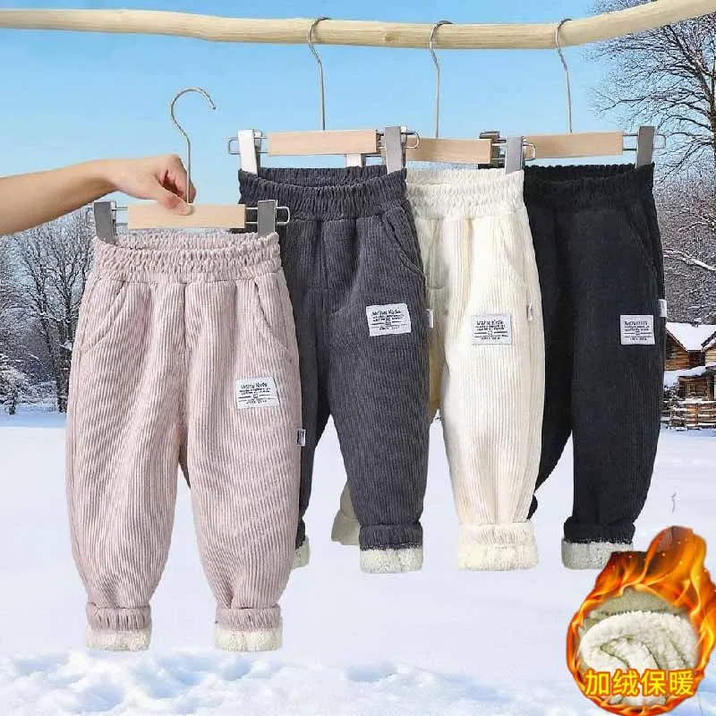 

Boys Fleece Warm Pants Winter Kids Thick Plus Velvet Trousers Children Padded Cotton Long Pants Autumn Teen Corduroy Pants