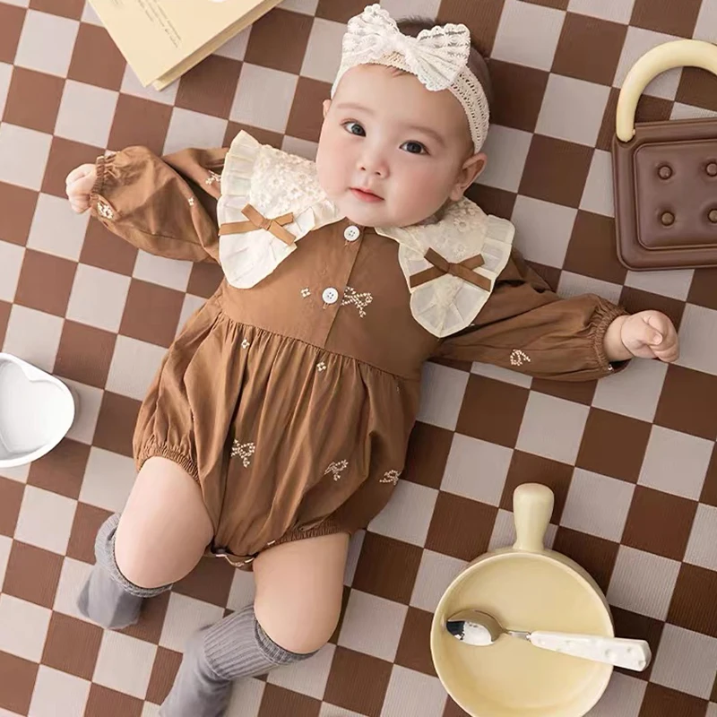 New Autumn Newborn Girls Romper Baby Clothes Baby Embroidered Bow Romper Long Sleeve Jumpsuit Climb Clothes Baby Cotton Clothing