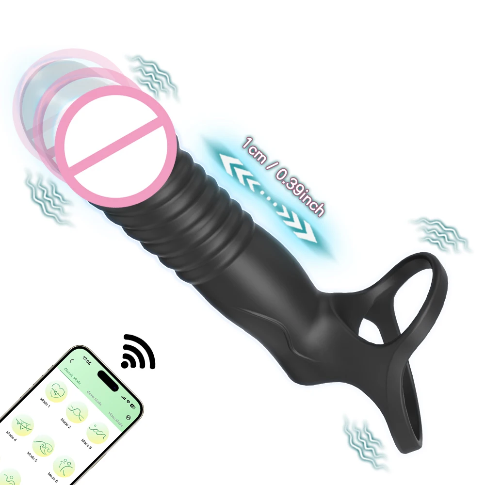 Vibrador de doble penetración controlado por aplicación para pareja, vibrador con tapón Anal de empuje con anillo para pene, Juguetes sexuales para hombres y mujeres