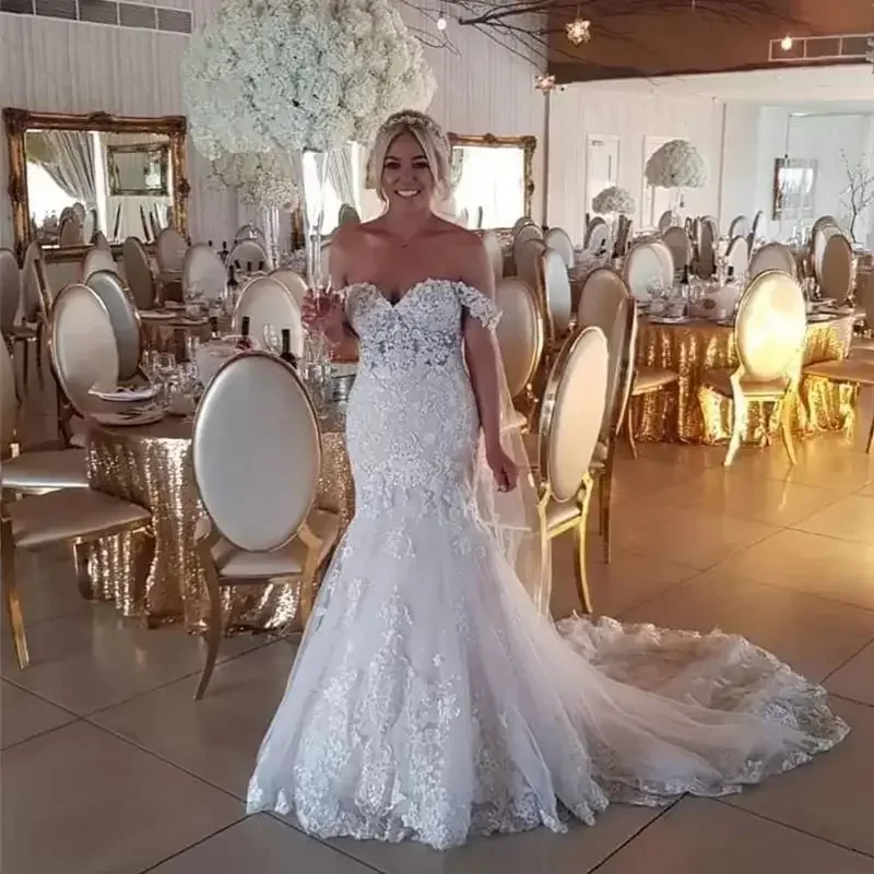 

Vintage Off Shoulder Wedding Gown Lace Appliques Mermaid Church Bridal Dresses Custom Made Country Robe De Mariage