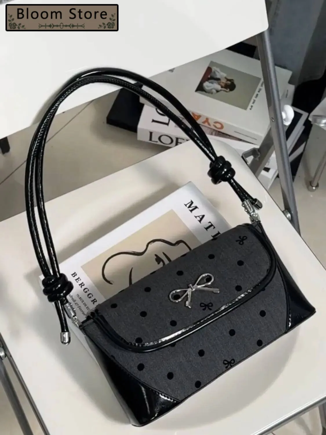 

Bloom Sweet Cool Bow Black Underarm Bag Purse Women Fairycore Aesthetic Dot Y2k Shoulder Bags Ladies Haruku Square Handbag