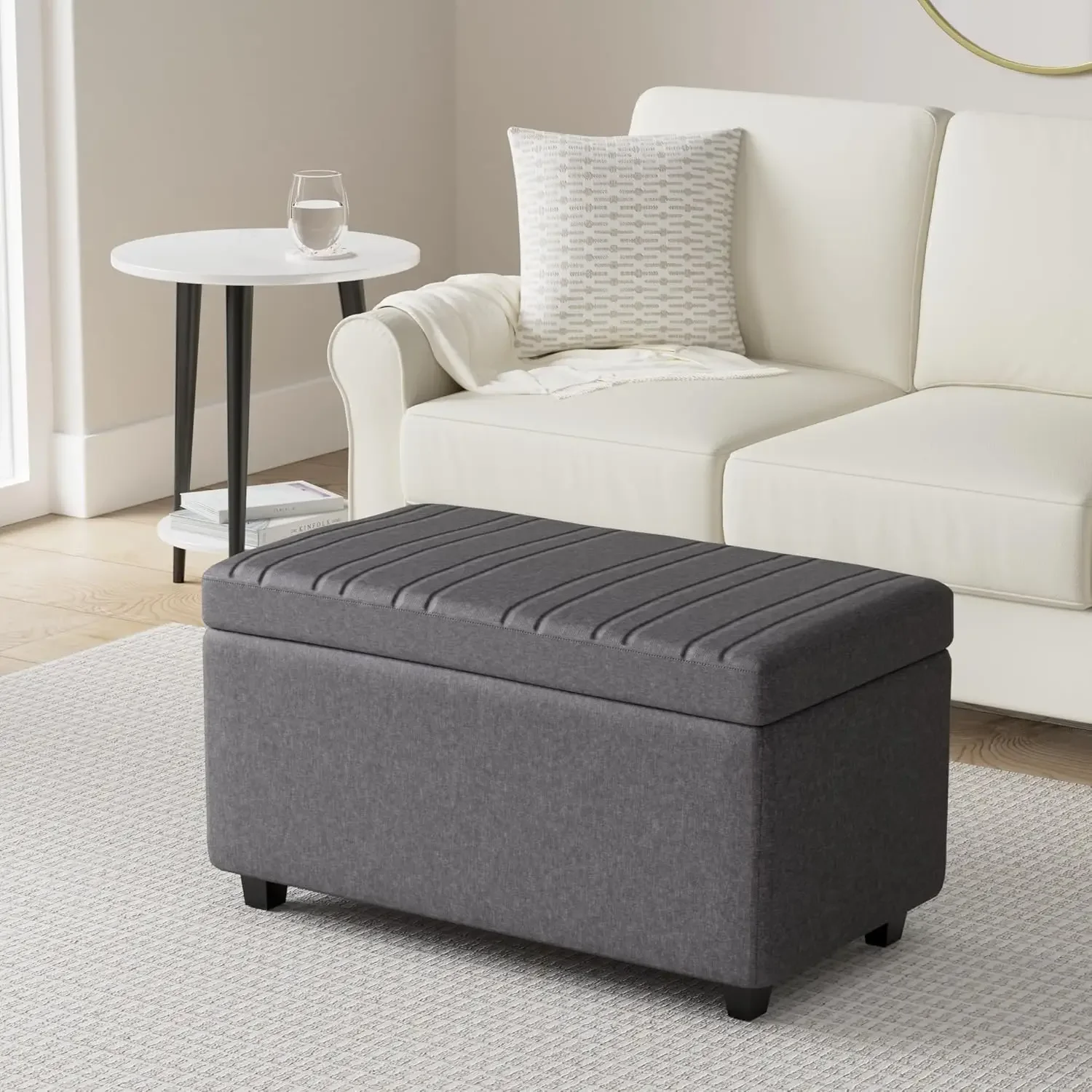 Darcy 33 Inch Wide Contemporary Rectangle Storage Ottoman Bench in Slate Grey Linen Look Fabric, For the Living Room,