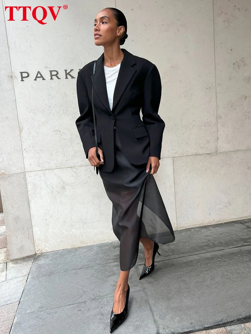 

TTQV Fashion Loose Balck Women Skirt Casual High Waist Ankle Length Skirts Elegant Classic Mesh Spliced Skirt Female Clothing