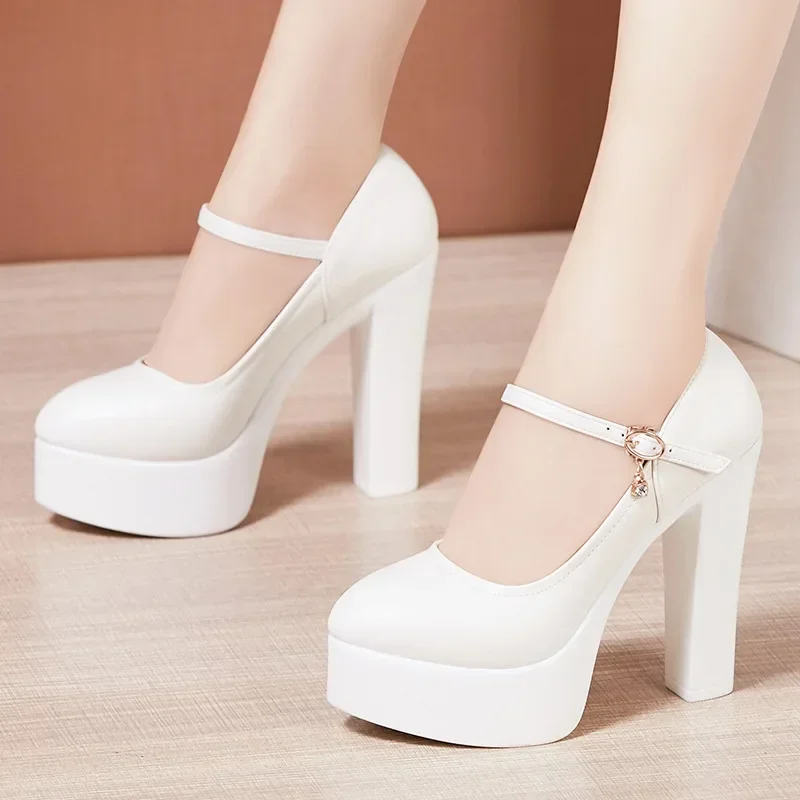 13cm Small Size 32-43 Shallow Soft Leather Platform Pumps 2024 Spring Women\'s Block High Heels Shoes Dress Model Wedding Party