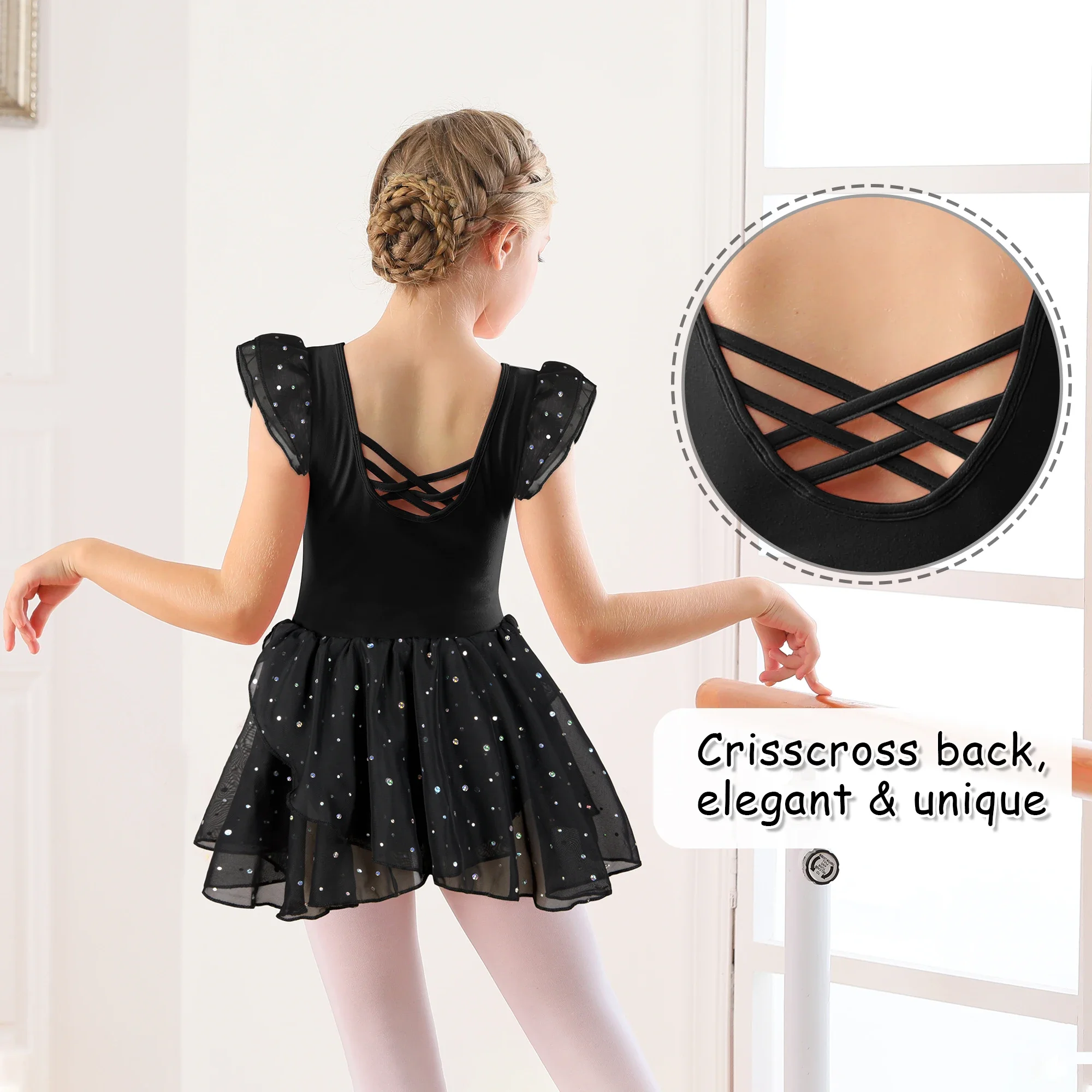 Collant de balé para meninas, vestido de balé com manga esvoaçante, oco, costas cruzadas, saia de dança brilhante para crianças