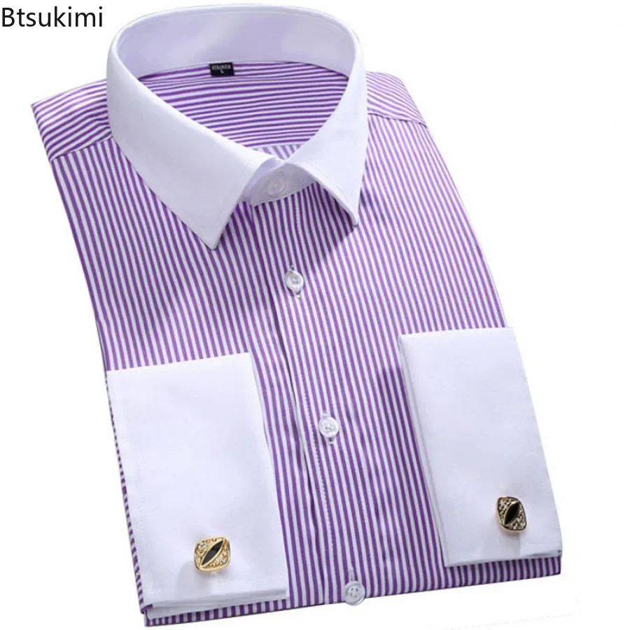 New 2025 Men's Formal Long Sleeve Dress Shirts Classic French Cuffs Striped Shirt Male Slim Fit Wedding Party Shirts Male M-6XL
