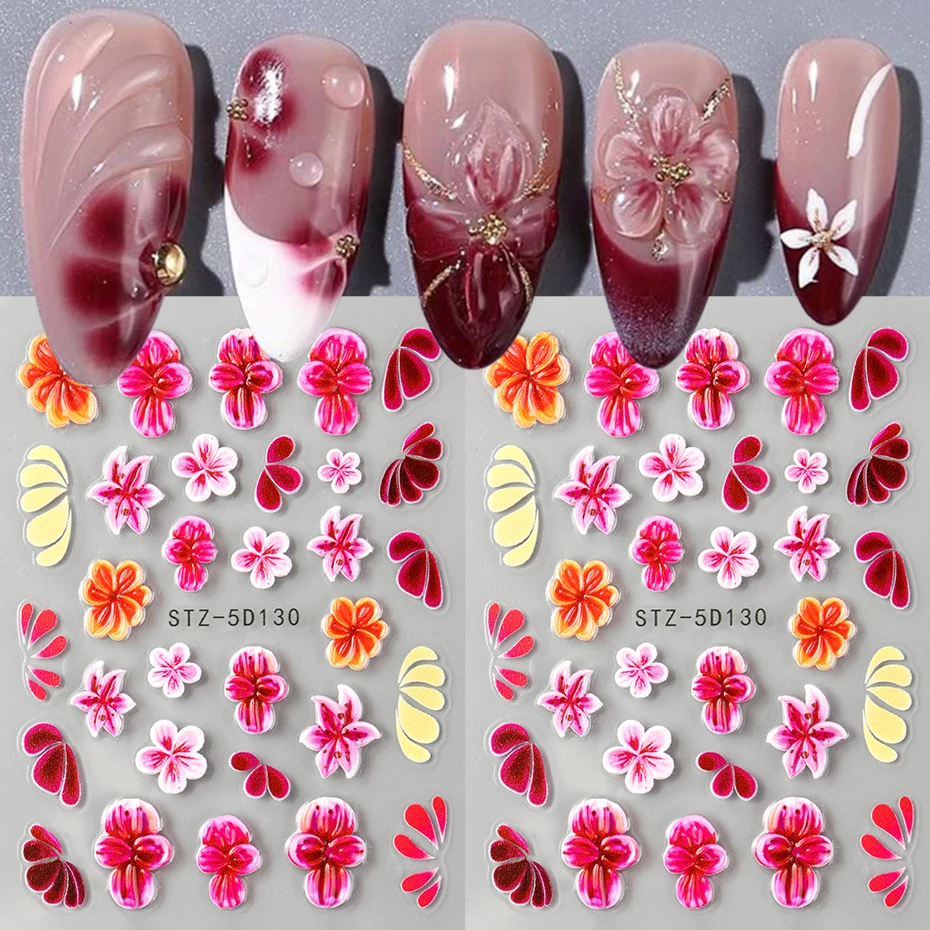2 uds 5D en relieve rosa vino rojo pegatinas de flores para uñas orquídea Plumeria adhesivo Floral pegatinas de uñas verano océano pétalo encantos