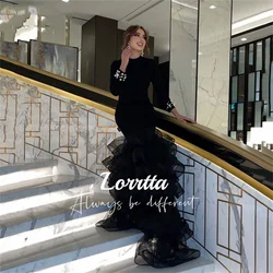 Lorrtta Saudi Arabia Black Evening Gown Puffy Skirt Long Sleeve Satin Mermaid Dubai Formal Evening Gown Dresses for Prom Party