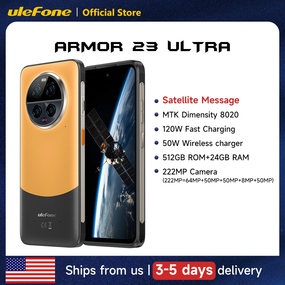 Ulefone Armor 23 Ultra 5G هاتف متين رسالة الأقمار الصناعية 120 واط هاتف ذكي 64 ميجابكسل كاميرا ليلية 24 جيجابايت + 512 جيجابايت NFC أندرويد 13 هاتف محمول