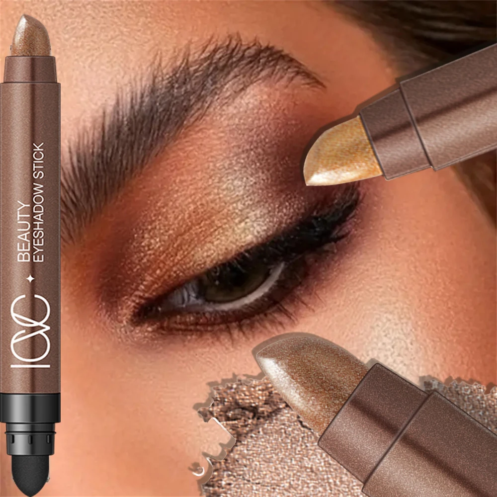 Dual-Ended Metallic Brown Eyeshadow Stick Waterproof Sponge Tip Cream Shimmer Eye Shadow Pencil Quick Application Crayon Makeup