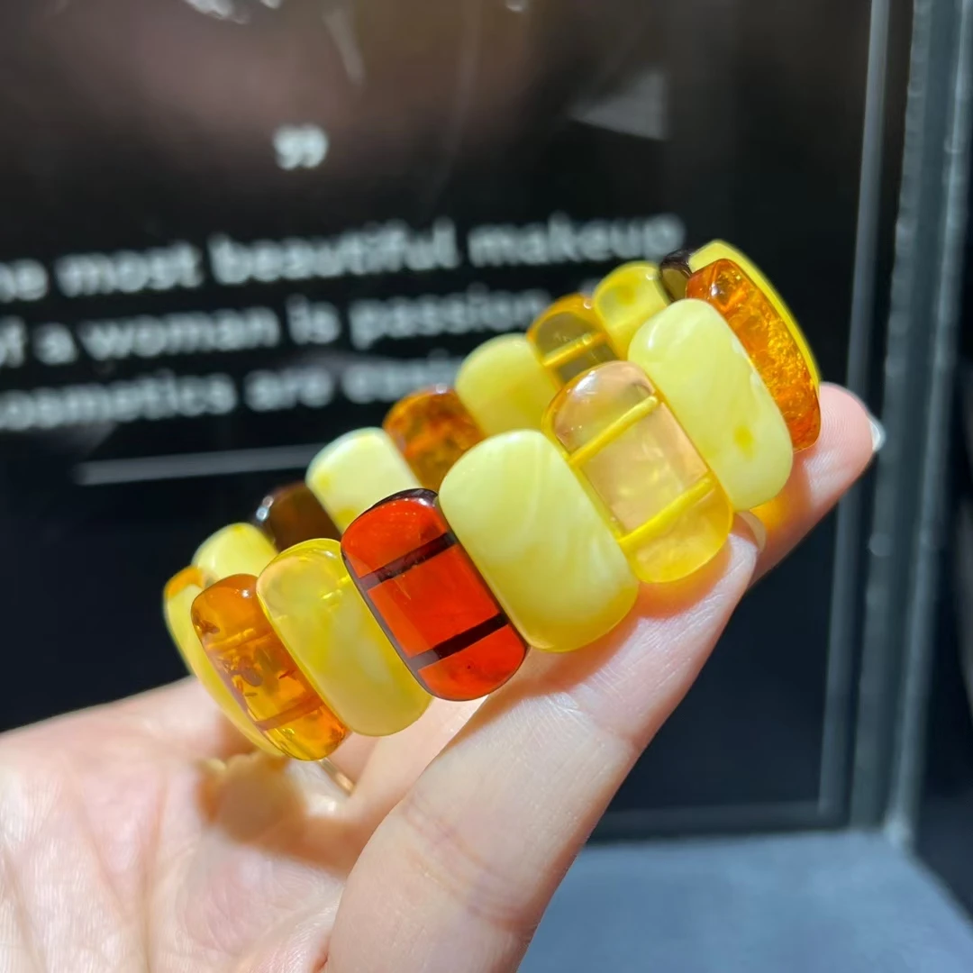 

Natural Yellow Piebald Amber Clear Rectangle Beads Bracelet Women Men 21*11mm Stretch Gemstone Red Amber Bracelet Jewelry AAAAA