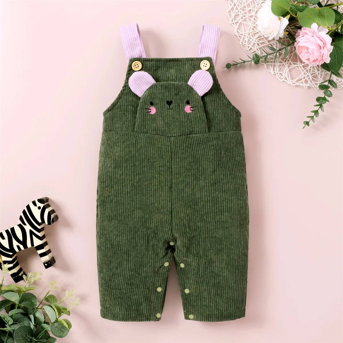 2024 new single piece corduroy cute suspender embroidered rabbit casual pants