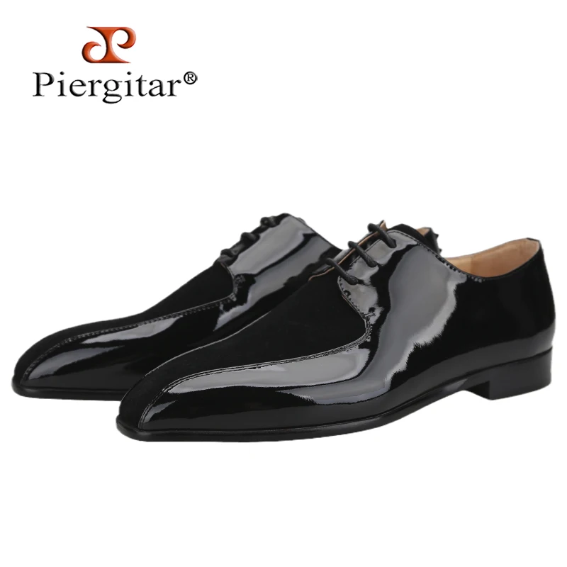 Piergitar 2025 Patent Leather Stitching Suede Men Oxford Shoes For Wedding And Prom Handmade Lace-up Men's Formal Shoes Red Sole
