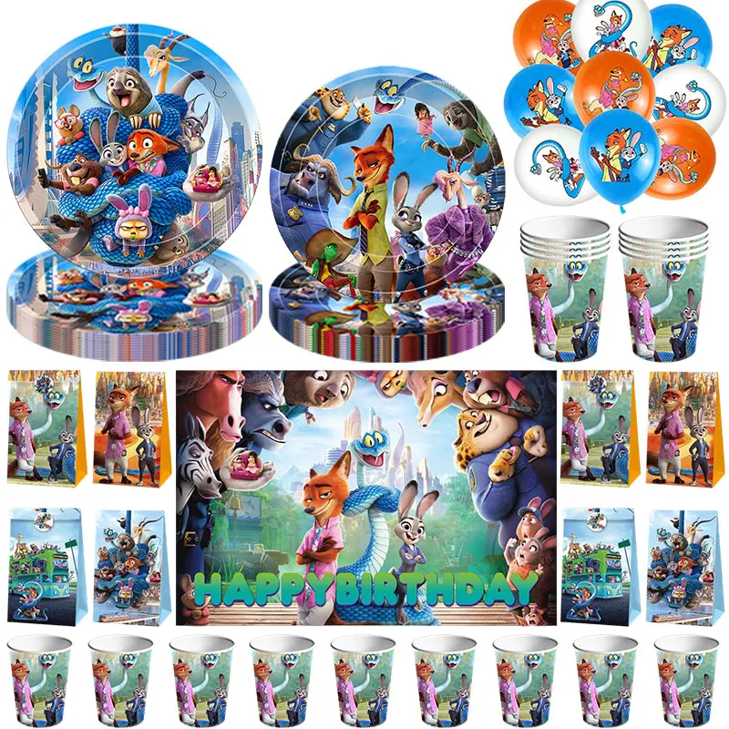 Nouvelle décoration d'anniversaire Zootopia Judy Nick Vaisselle Gobelets en papier Assiettes Nappe Serviettes pour fête d'enfants Cadeau de fête Ballon Sacs cadeaux