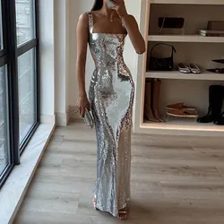 2024 Woman Fashion French High Feeling Silver Sequins Halter Sheath Dress Light Luxury Evening Dinner Year Sexy Long Dresses