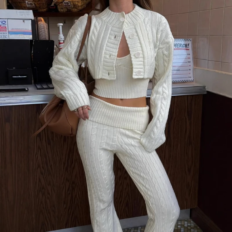 2023 neue Heiße Verkauf Winter Kurze Einfarbig Strickjacke Top und Gestrickte Hosen Zwei Stück Set für Frauen