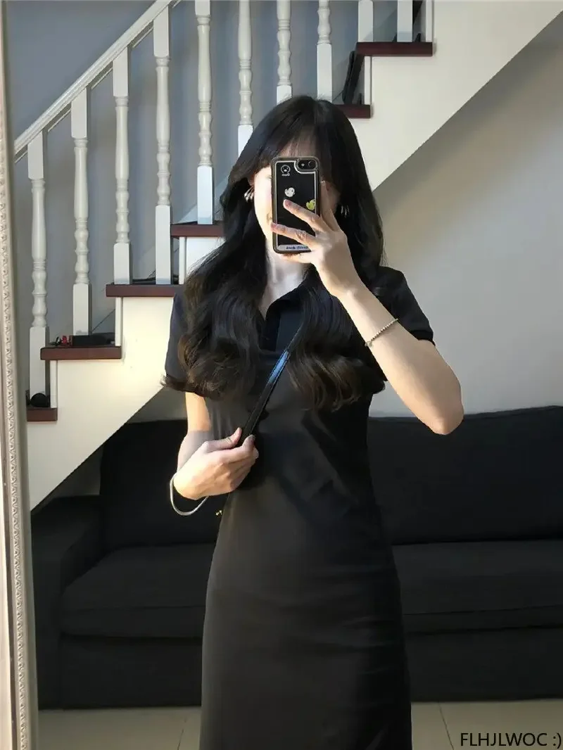 2025 الصيف لطيف الفتيات الحلو النساء كوريا اليابان نمط Preppy عادية كم قصير الصلبة الأسود القطن يمزج تي شيرت فستان