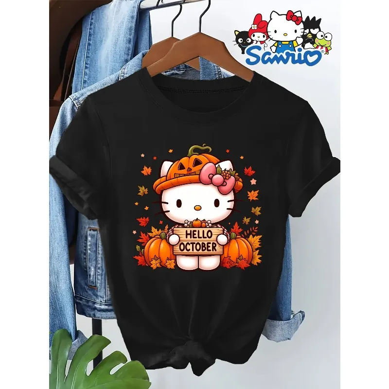 

Креативная футболка с рисунком «Hello Kitty» на Хэллоуин Sanrio, новый женский праздничный подарок больших размеров, свободный повседневный топ с короткими рукавами