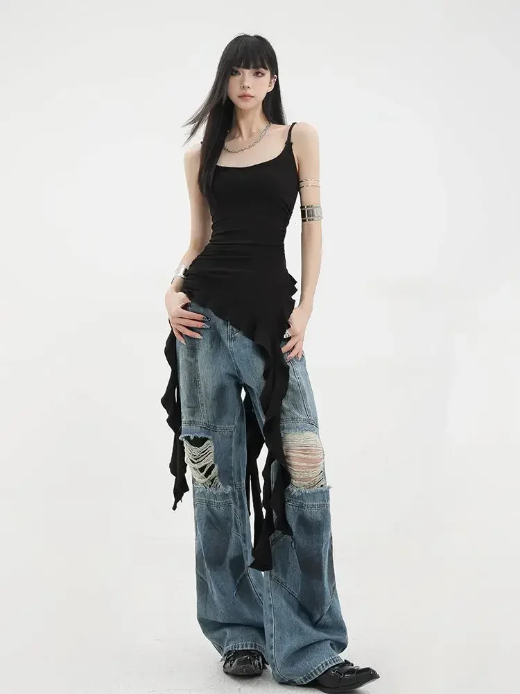 summer Y2k Grunge Hotsweet Sexy Elegant Backless Camisoles Asymmetrical Black Ruffle Tank Tops Women Korean Streetwear Punk