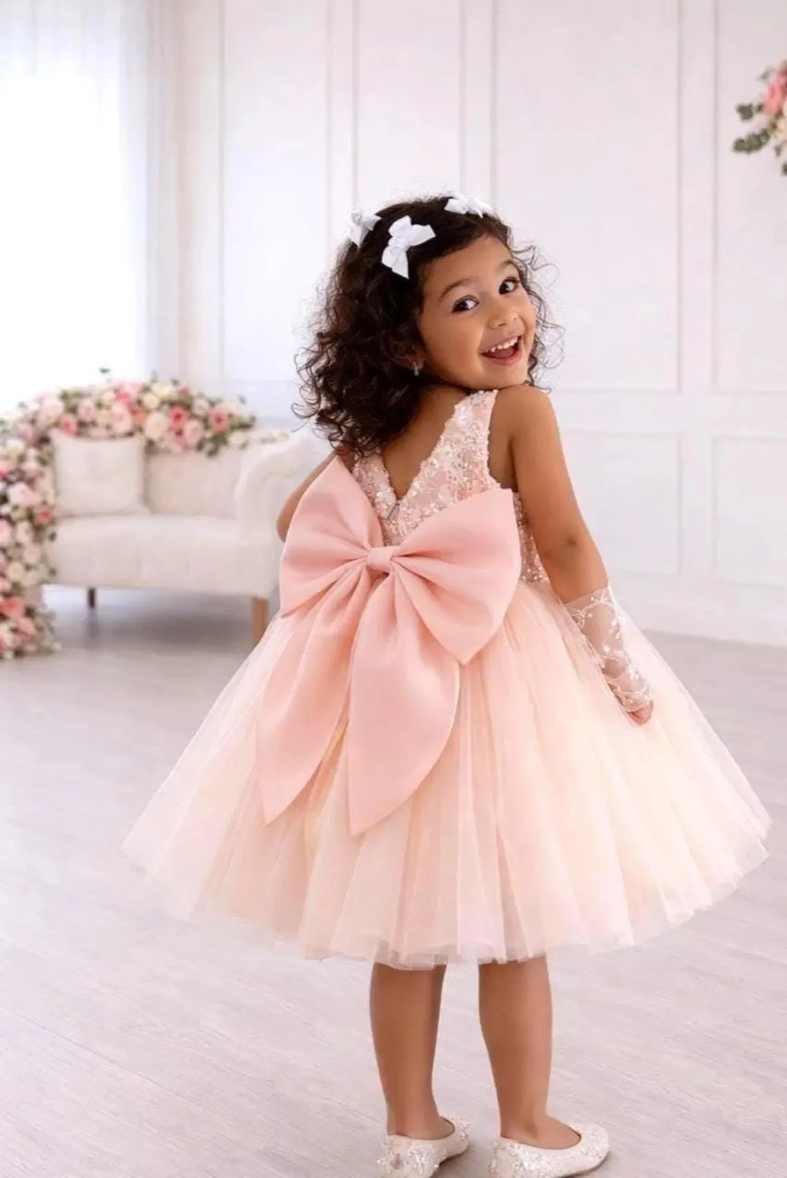 Princess Flower Girl Dress for Wedding Sleeveless with Bow  Lace Appliques Kids Birthday Gowns Elegant Evening Dress Custom