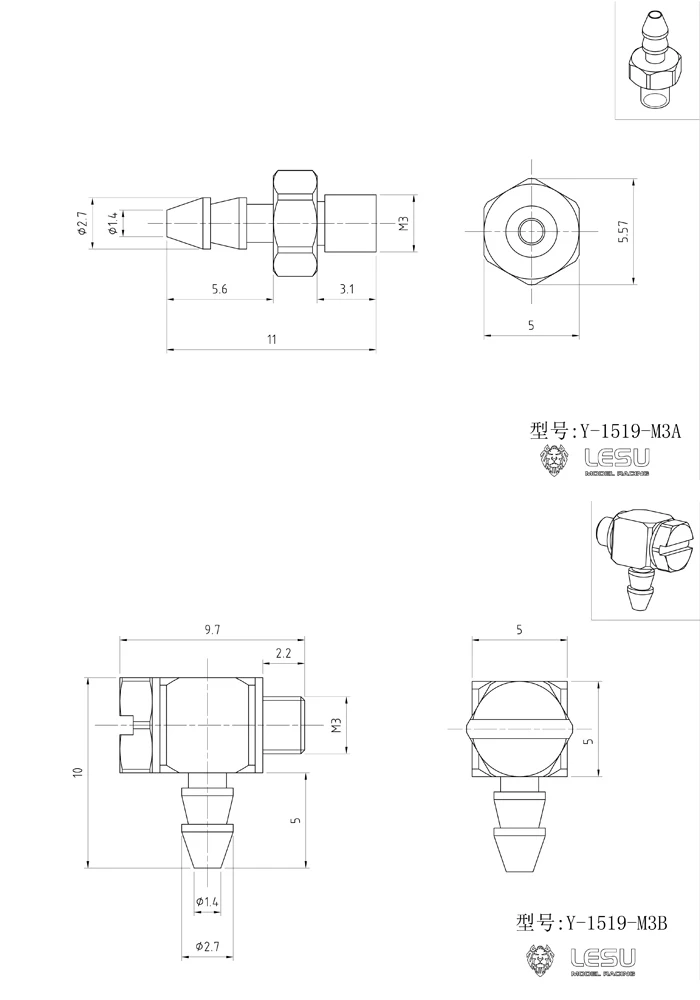 Ugello M3-3 dritto a gomito di precisione in acciaio inossidabile modello idraulico LESU adatto per l'installazione di tubi dell'olio in nylon 3 * 2MM